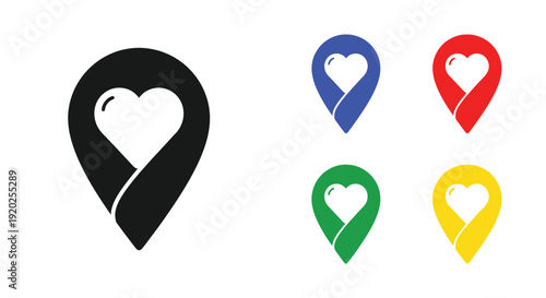 Heart shaped map markers in various colors featuring a dark silhouette