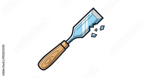 Sharpened woodworking chisel with a clear, broken blade illustrating damage or wear from heavy use, isolated on a clean white background.