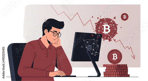 Cryptocurrency investor's despair watching market plunge digital currency crisis illustration