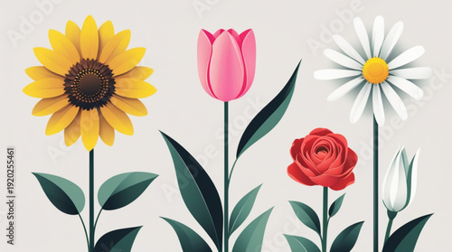 A colorful vector illustration of various flowers on a plain background