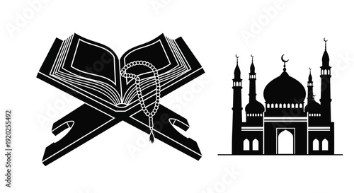 Islamic symbols including a quran mosque and prayer beads silhouette