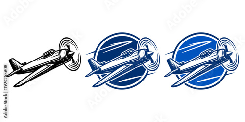 Logo agencia de viajes. Grupo de dibujos sencillos con líneas de un avión a hélice vintage con un círculo 