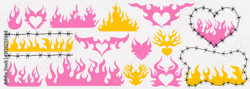 Neo tribal pink emo heart, emo style, fire or wings abstract silhouette. Wings and flame y2k aesthetic tattoo gothic, Vector divider, frame, border, neotribal web goth decoration, cyber body ornament.