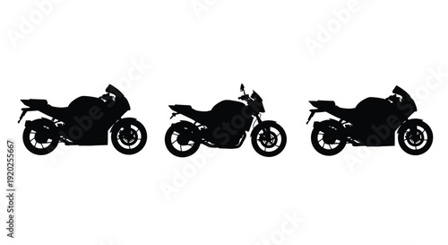 Three motorcycle silhouettes displayed in a row black and white silhouette