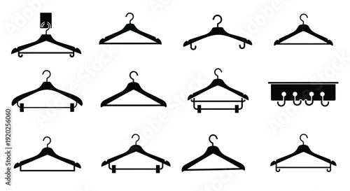 Collection of black coat hangers displayed in a grid silhouette