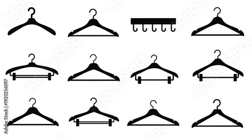 Various clothing hangers arranged in a grid black silhouette