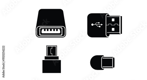 Various computer port icons in a stark black silhouette