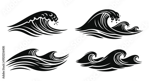Four stylized ocean waves depicted in a dramatic black silhouette