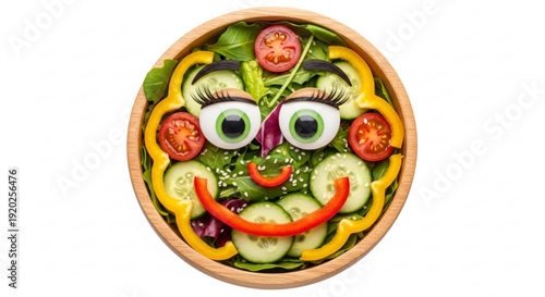 Vegetable Salad Face with Smiling Expression in Wooden Bowl