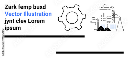 Manufacturing, industrial processes, automation, production planning, engineering, technology applications. A gear symbol and factory with chimneys and buildings. Industrial processes and automation