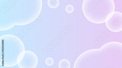 淡いピンクと水色と紫の幻想的オーロラグラデーション背景　半透明のシャボンと流体シェイプが縁を囲むゆめかわいい16:9フレーム