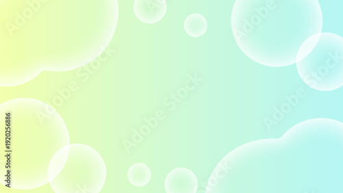 淡く透明感のある緑グラデーション背景　半透明のシャボンと流体シェイプが縁を囲む幻想的でゆめかわいい16:9フレーム
