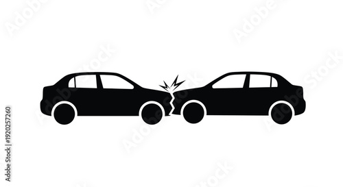 Two cars colliding head on depicted in a striking black silhouette