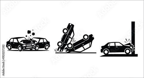 Sequence of car crashes depicted in a stark black silhouette