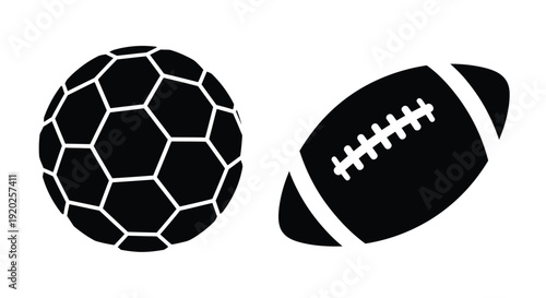 Black silhouettes of a soccer ball and american football silhouette
