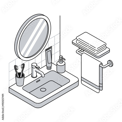 Isometric Bathroom Sink with Mirror and Towel Rack.