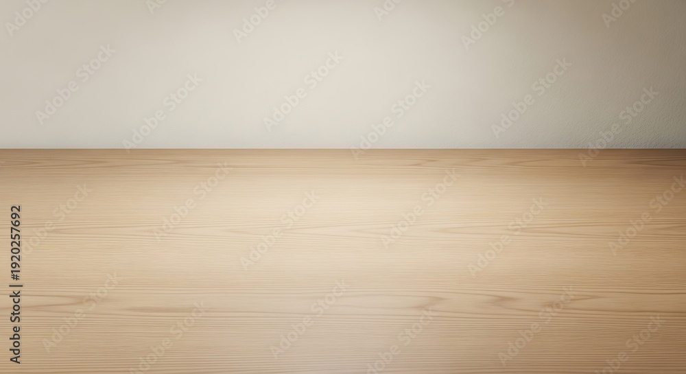 Naklejka premium Clean light wood tabletop with soft overhead lighting and empty space for natural home product photography and minimalist interior design mockups