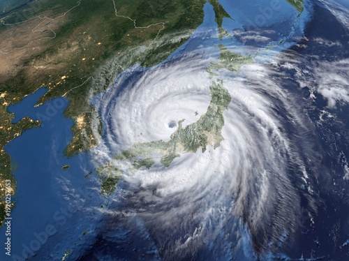 Massive Hurricane Vortex Swirling Over Japanese Archipelago Satellite View