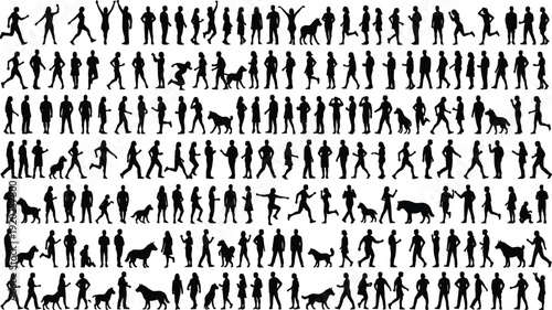 Black silhouettes of people and dogs in various poses on white background