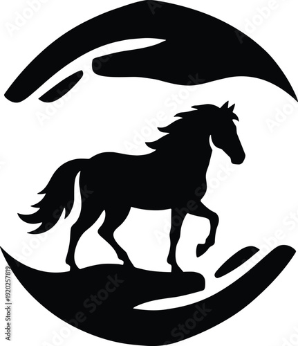 Black silhouette of a horse in a circular white background equine animal
