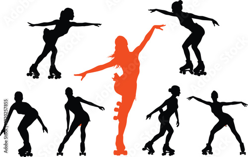 Women rollerblading in various poses silhouettes black orange