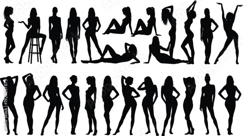 Black silhouettes of women in various poses white background 1