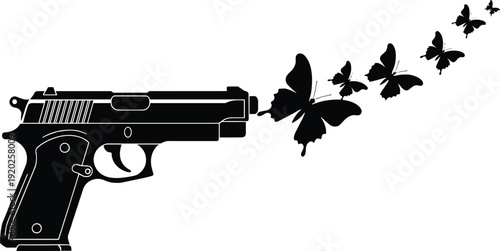 Black pistol with butterflies emerging from barrel handgun