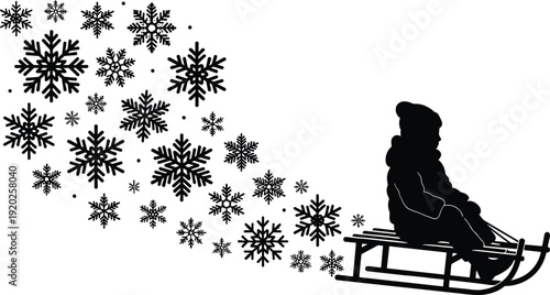 Black silhouette of a person on a sled with snowflakes winter