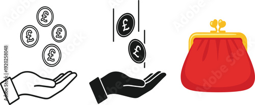 British pound sterling coins falling into open hands with a classic red wallet purse for savings concepts.