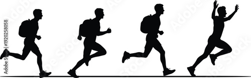 Silhouette of a man running in four different poses black white background