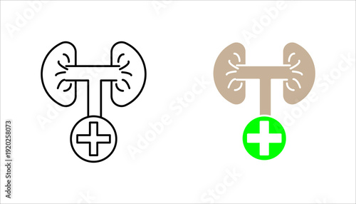 Minimal line icon set. of kidneys connected with a medical cross symbol, representing kidney health, medical treatment, and healthcare services.