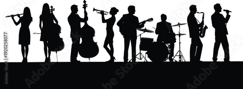Black silhouettes of musicians playing various instruments white background flute