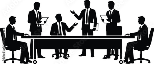 Corporate Business Meeting Silhouette with Executives at Conference Table, Professional Teamwork and Strategy Discussion Vector Illustration
