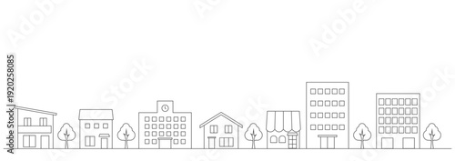 シンプルな街並みのイラストのバナー背景　線画　横長