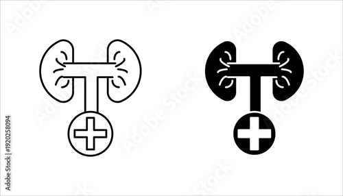Minimal line icon set. of kidneys connected with a medical cross symbol, representing kidney health, medical treatment, and healthcare services.