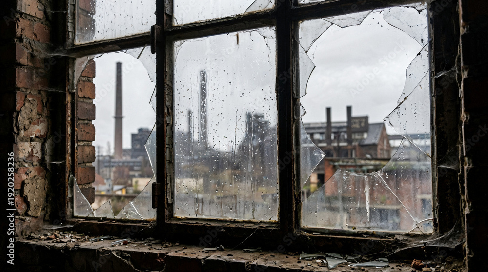 Fototapeta premium Abandoned industrial window with broken glass and gloomy weather 