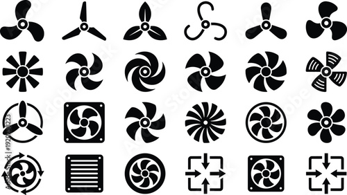 Industrial Ventilation Fan and Propeller Icon Set, Cooling Exhaust Airflow and HVAC Black Silhouette Vector Collection
