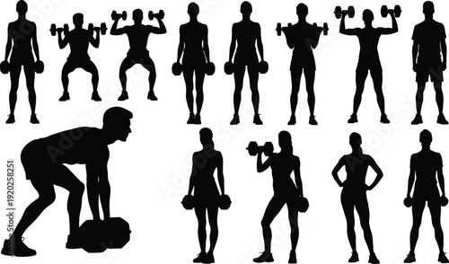 Black silhouettes of people lifting weights people exercising weightlifting dumbbells