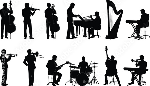 Musicians playing various instruments in silhouette band