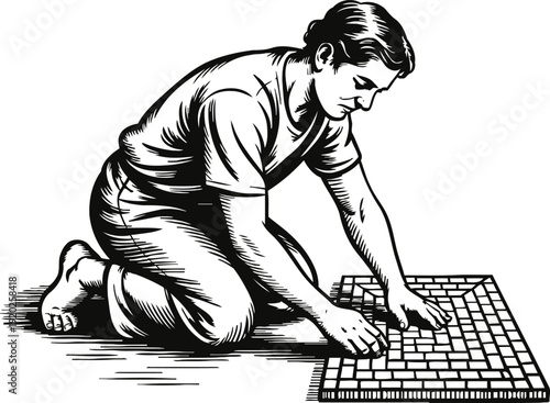 Man kneeling installing mosaic tiles on floor in detailed black and white vintage illustration