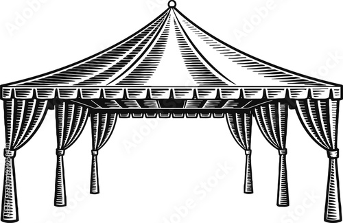 Classic vintage tent with curtains tied and decorative tassels, detailed black and white line art canopy