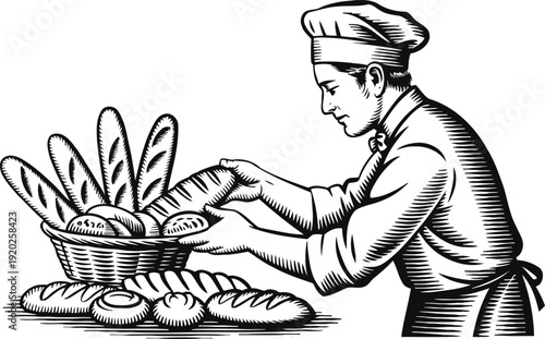 Baker arranging freshly baked bread in basket traditional bakery, artisan bread variety display