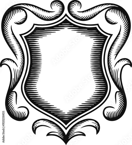 Vintage ornate shield frame with decorative scrolls in black and white design