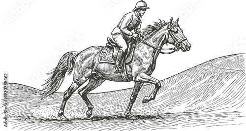 Jockey riding thoroughbred horse on racetrack in vintage engraving illustration