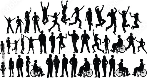 Black silhouettes of people in various poses on white background jumping
