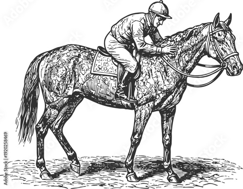 Jockey riding horse with racing gear and helmet, equestrian sport competition detailed sketch