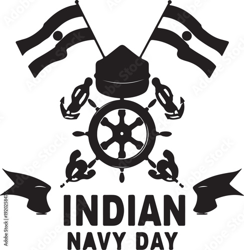 Indian navy day celebration emblem with flags and naval symbols