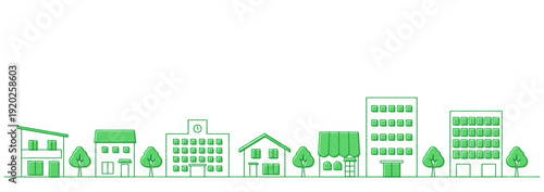 街並みのイラストのバナー背景　手描き風　横長　緑