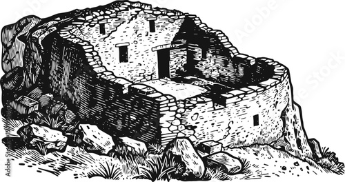 Ancient stone ruins illustration historic archaeological site with weathered walls and scattered rocks