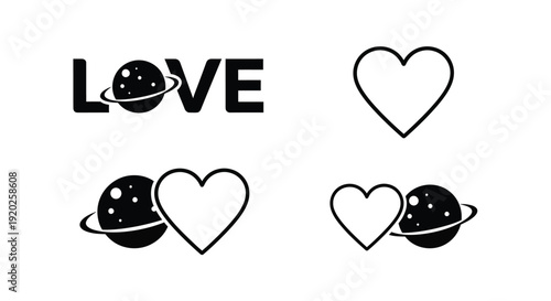 Love planets and hearts in a minimalist black silhouette